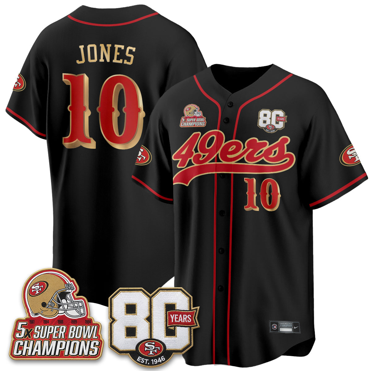 SF 80 Years & 5X Champs Patch Black Gold Baseball Jersey - Stitched