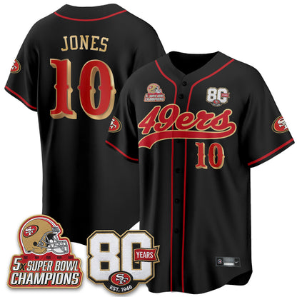 SF 80 Years & 5X Champs Patch Black Gold Baseball Jersey - Stitched