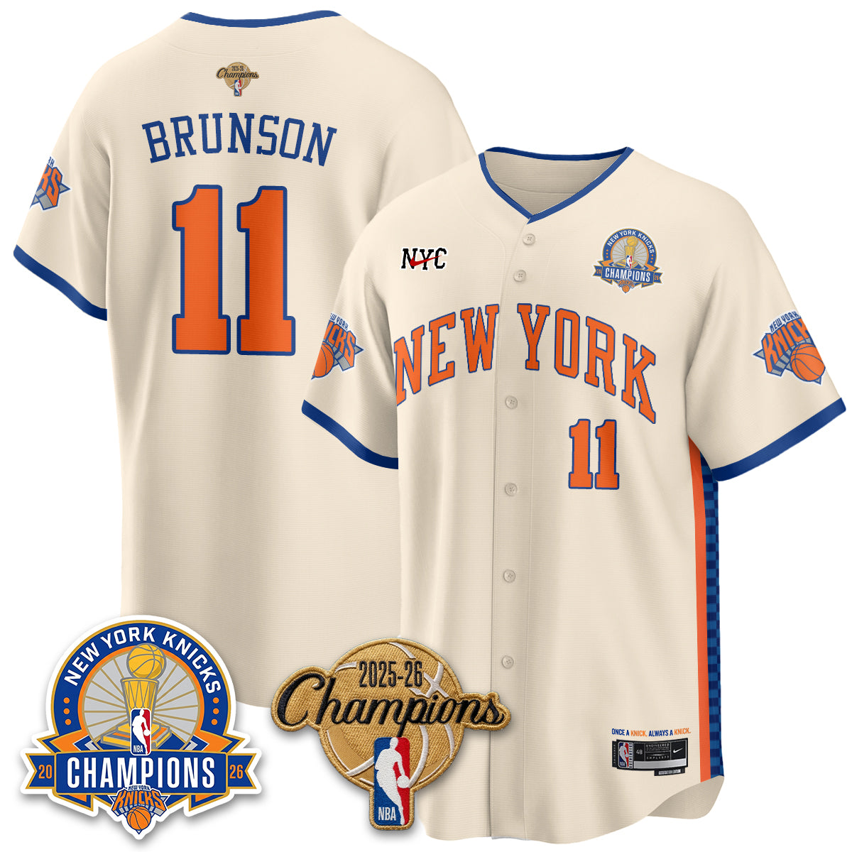 New York Knicks 2026 NBA Champions Cream Baseball Edition Vapor Jersey - Stitched