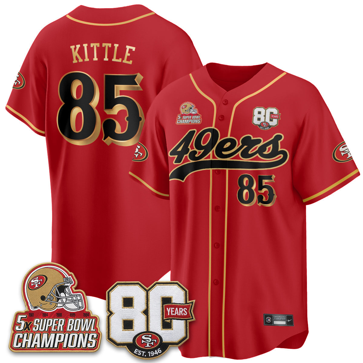 SF 80 Years & 5X Champs Patch Black Gold Baseball Jersey - Stitched
