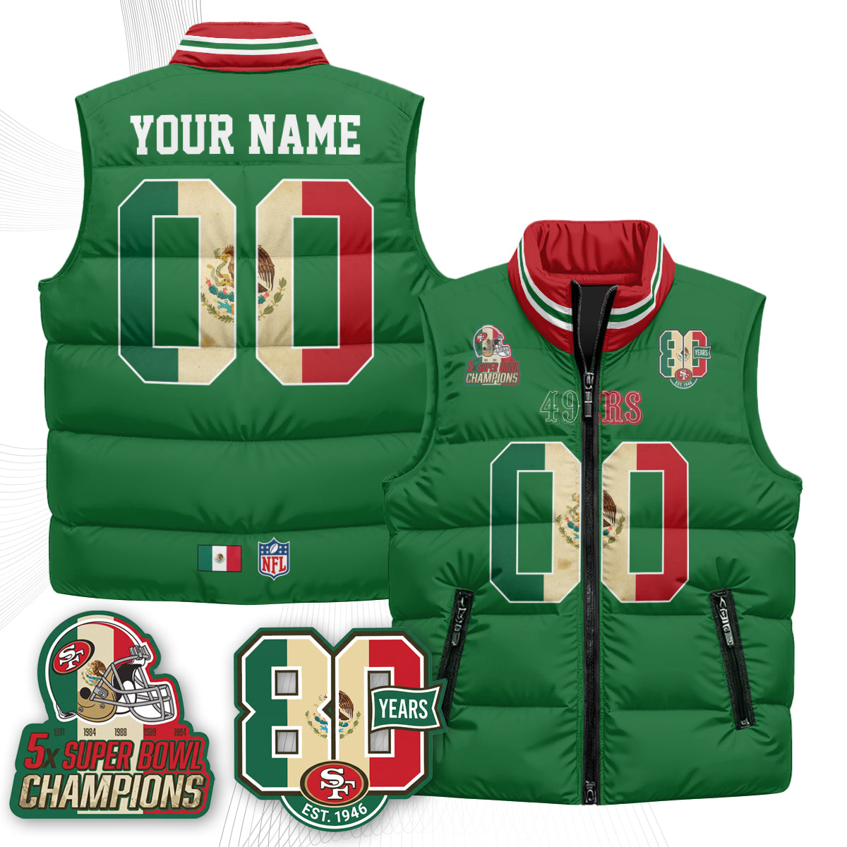 San Francisco 49ers Mexico Style Custom Puffer Vest - Printed