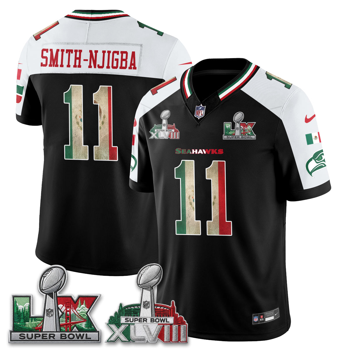 Seattle Seahawks 2X Champs Patch Mexico Edition Vapor Black Jersey- Stitched