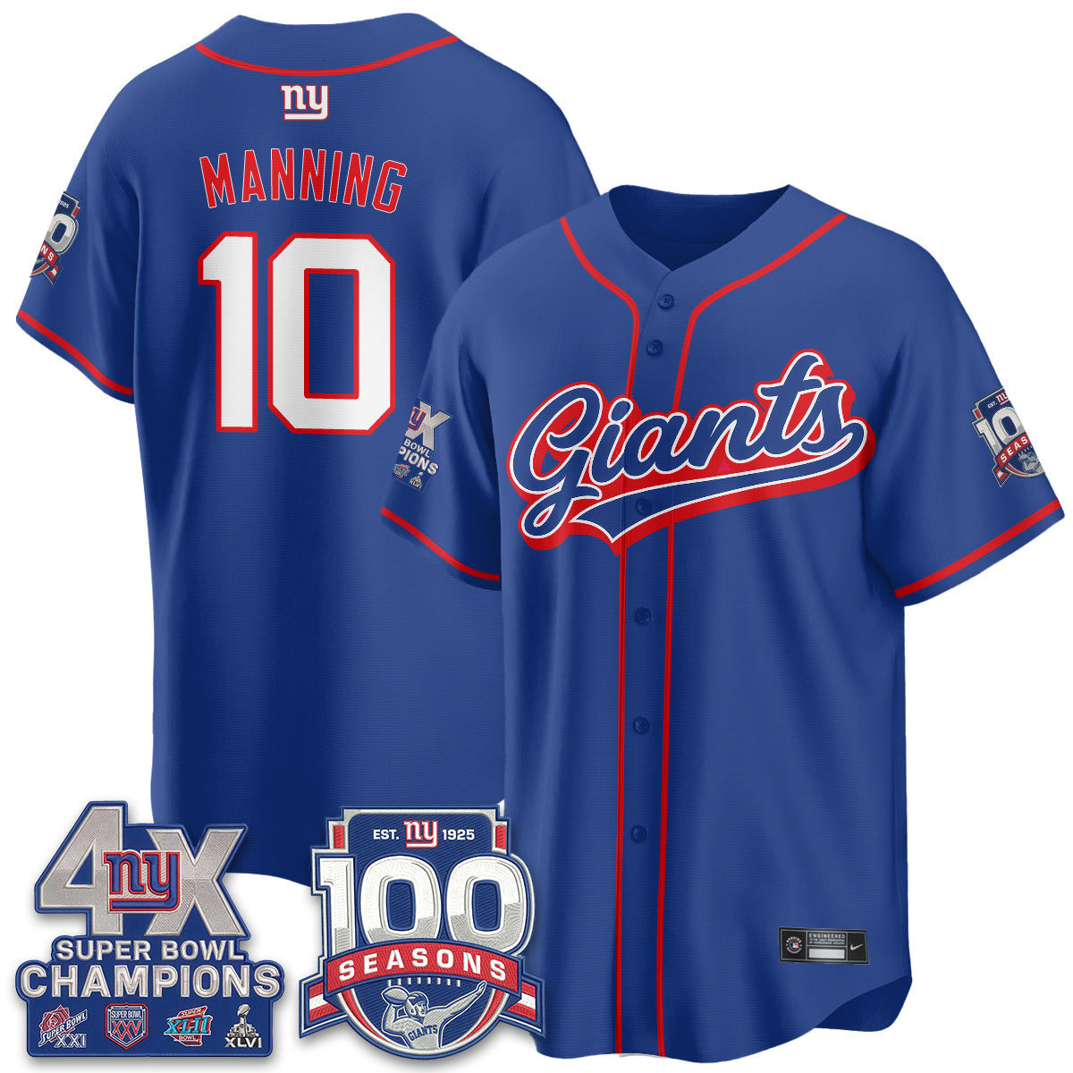 NYG 4X Champs & 100 Anniversary Vapor Baseball Jersey - Stitched