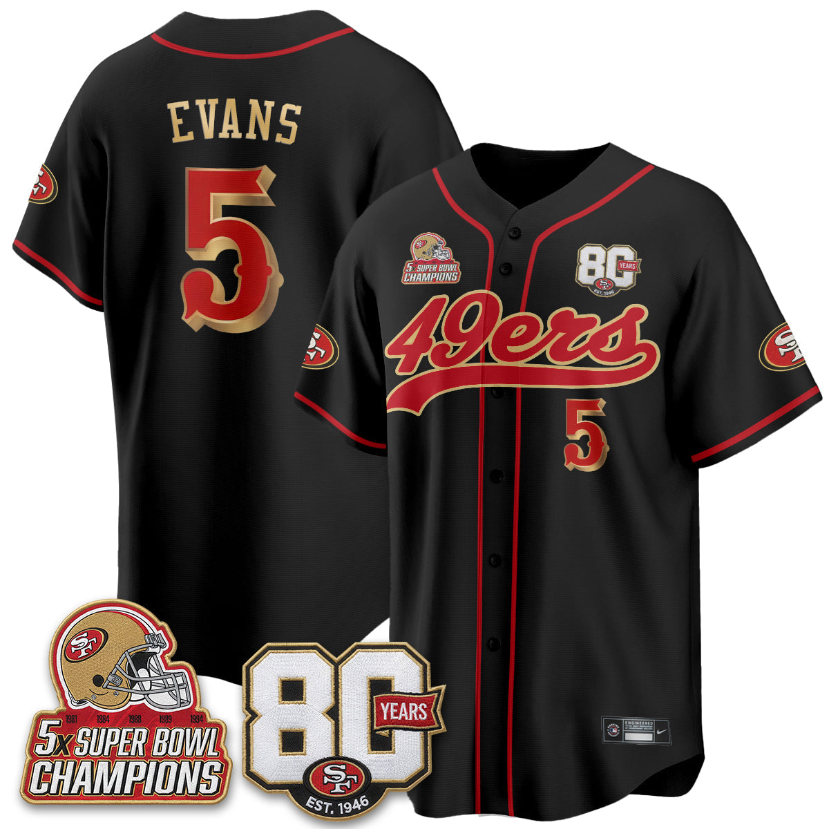 SF 80 Years & 5X Champs Patch Black Gold Baseball Jersey - Stitched
