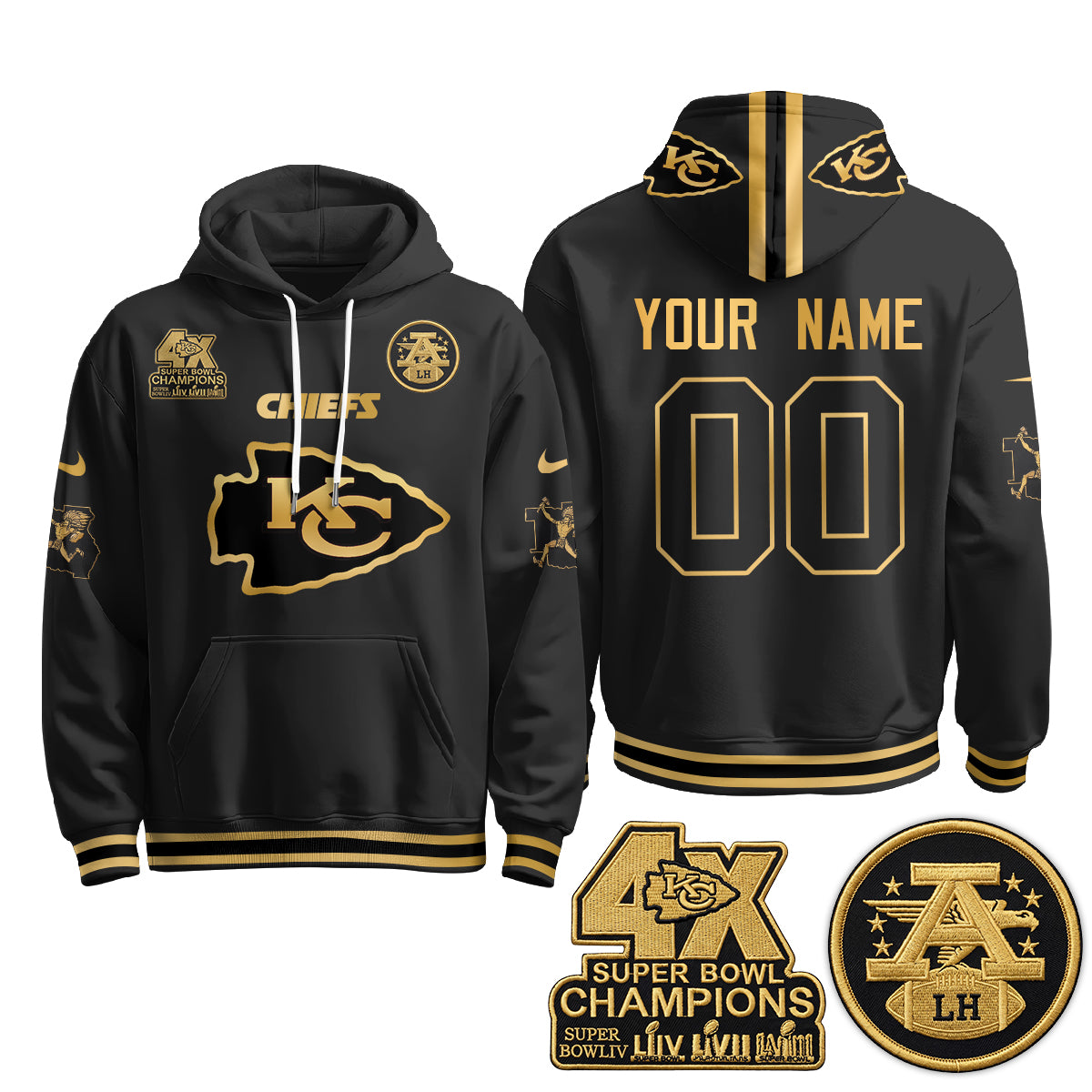 Kansas City Chiefs 4X Champs Gold Edition Custom Hoodie - Stitched