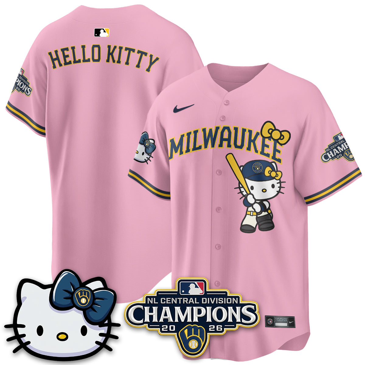 Milwaukee Brewers NL Central Champs x Meow KT Vapor Pink Jersey - Stitched