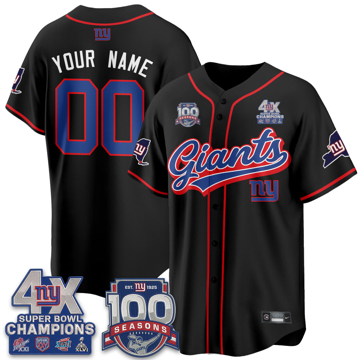 New York Giants 4X Champs & 100 Anniversary Vapor Baseball Custom Jersey V2- Stitched