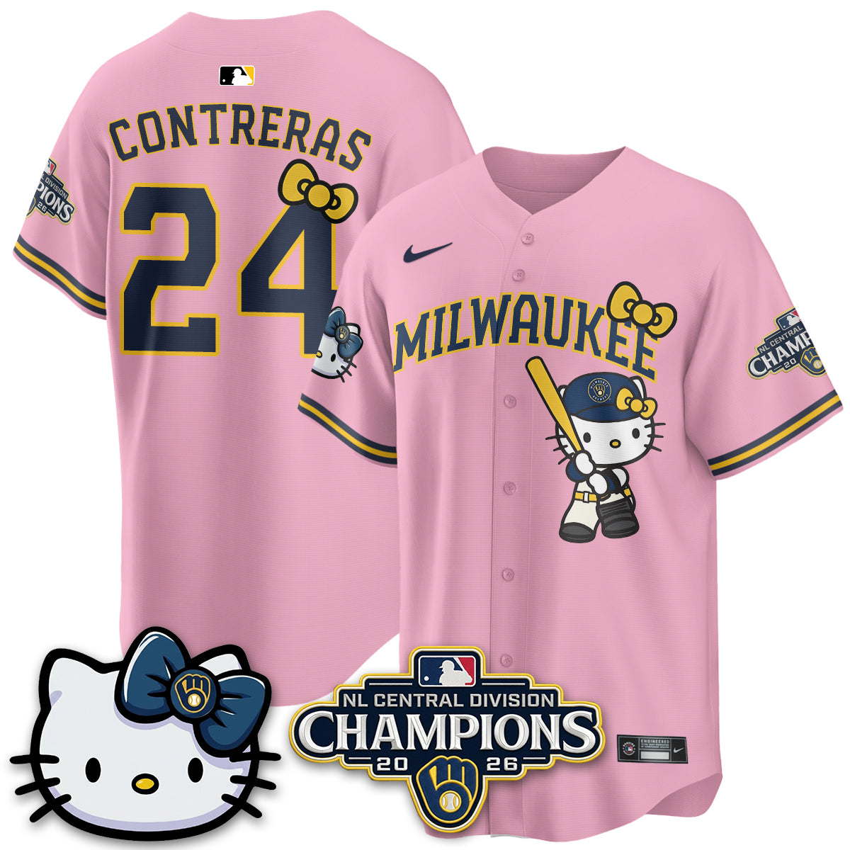 Milwaukee Brewers NL Central Champs x Meow KT Vapor Pink Jersey - Stitched