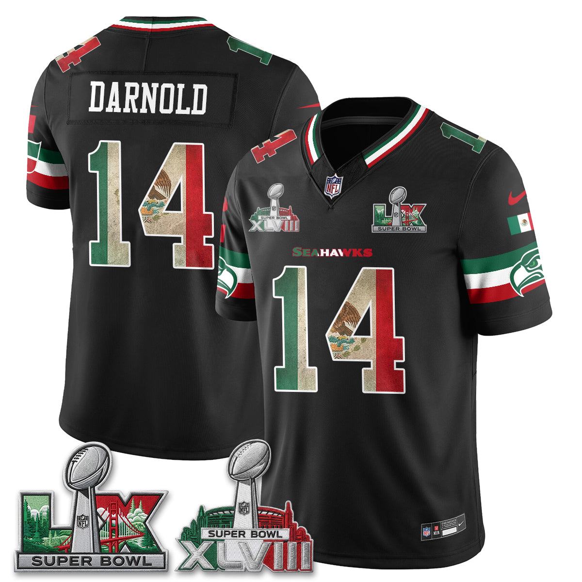 Seattle Seahawks 2X Champs Patch Mexico Edition Vapor Black Jersey- Stitched
