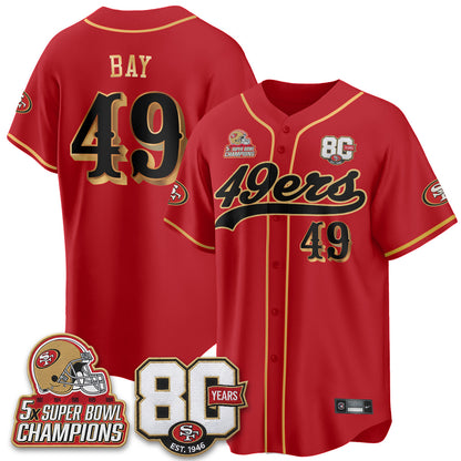 SF 80 Years & 5X Champs Patch Black Gold Baseball Jersey - Stitched