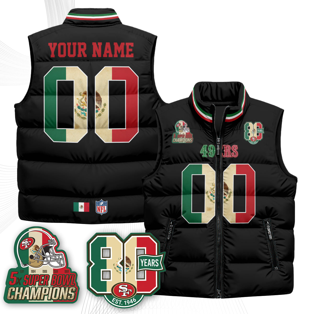 San Francisco 49ers Mexico Style Custom Puffer Vest - Printed