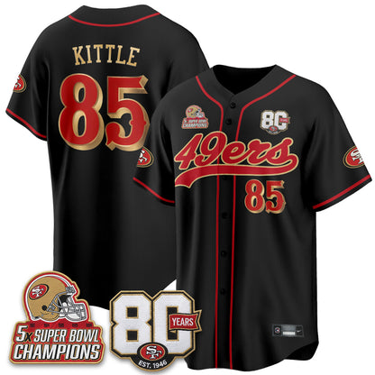 SF 80 Years & 5X Champs Patch Black Gold Baseball Jersey - Stitched