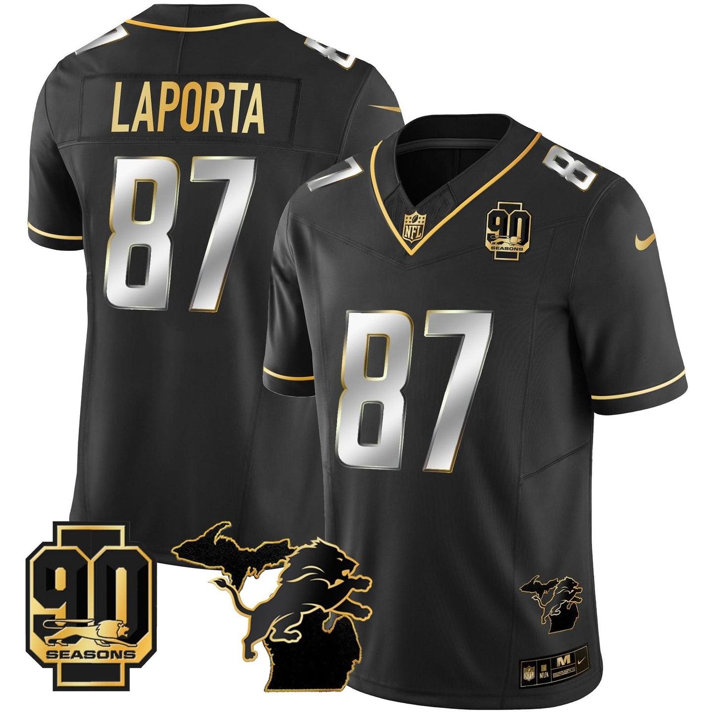 DET 90th Year & Michigan Patch Gold Vapor Jersey - All Stitched