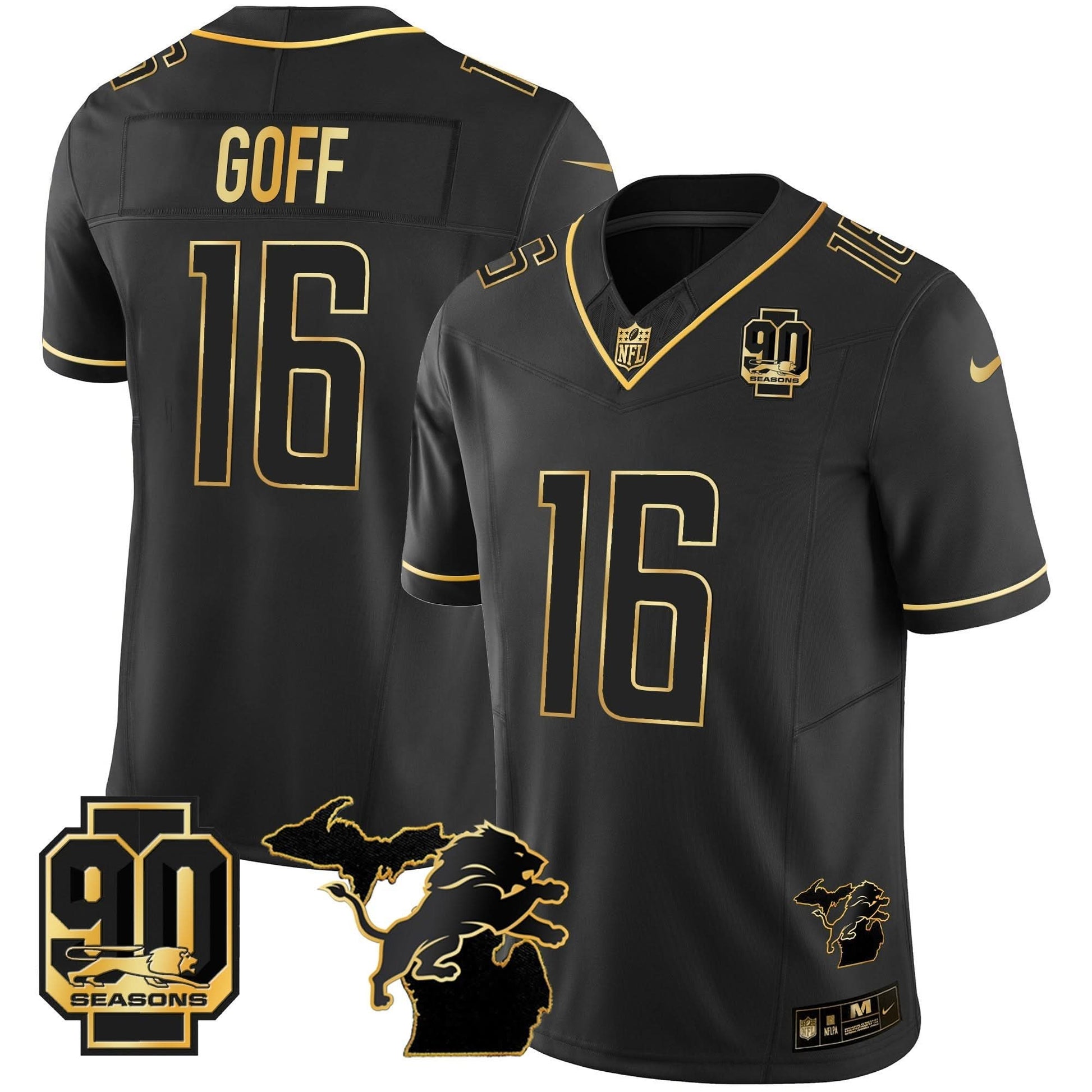 DET 90th Year & Michigan Patch Gold Vapor Jersey - All Stitched