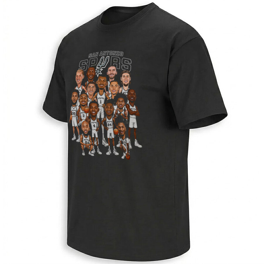 San Antonio Spurs Black 2026 NBA Playoffs Roster Caricature Printed T-Shirt